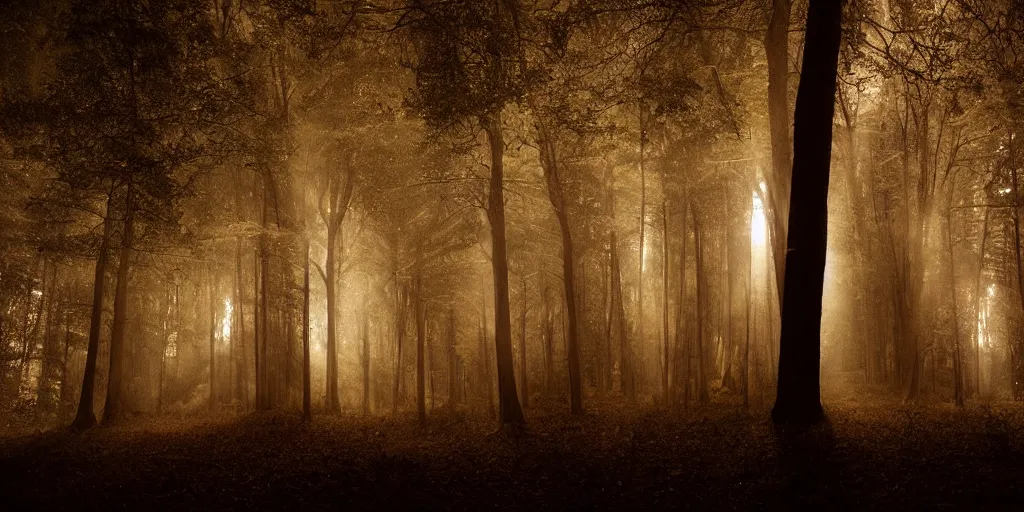 Prompt: silhouetted pipe organ in the woods, volumetric lighting, Portra 160, night time, ominous