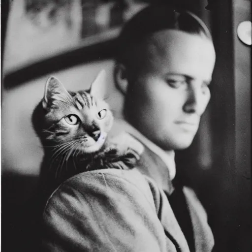 Image similar to futuristic time traveller with cat companion on his shoulder, in 1 9 3 0 s new york, shot on old film, black and white, distant shot