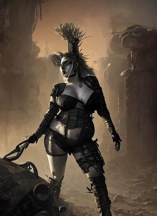 Prompt: hyper realistic photography portrait of postapocalyptic madmax cyberpunk cyborg tribal festival curvy voluptuous curvaceous partygirl witch magician amazon face cinematic, vallejo, back shot, craig mullins greg rutkowski, artstation, cgsociety