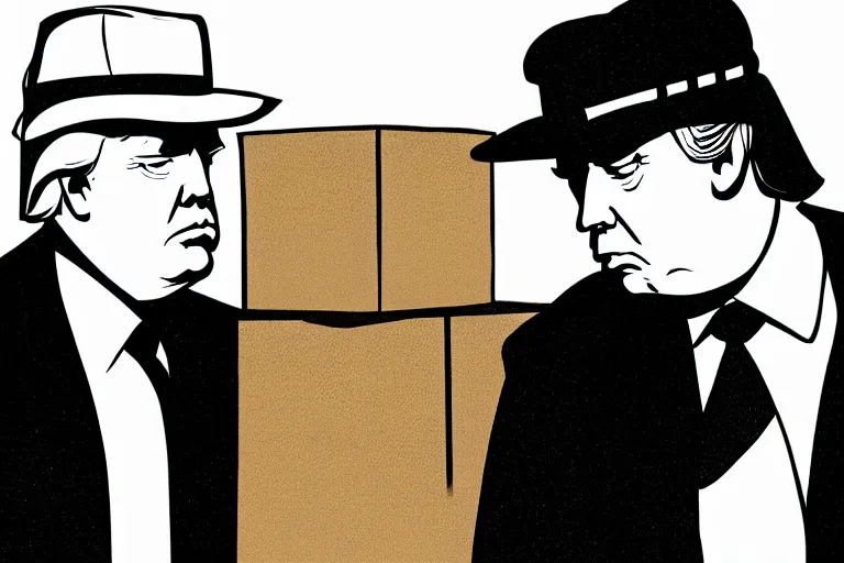 Image similar to poster matte shaded illustration of two donald trump and donald trump wearing trench coats and big black spy hats carrying boxes starring in spy vs spy