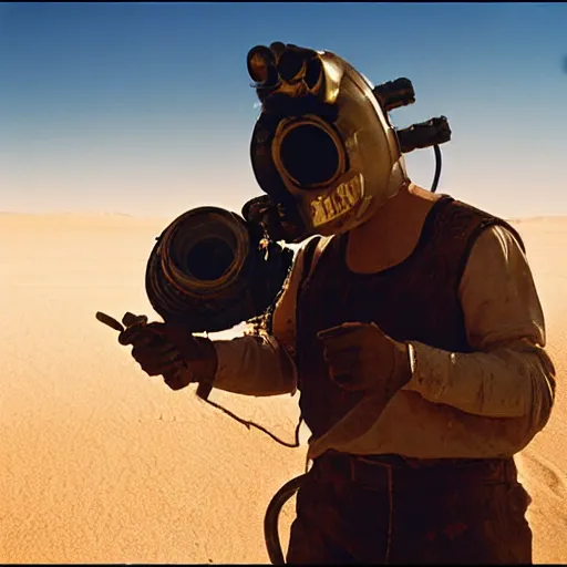 Image similar to a man wearing heavy equipment and a welding mask, in the desert, action movie, Mad Max inspired, film still, arriflex 35