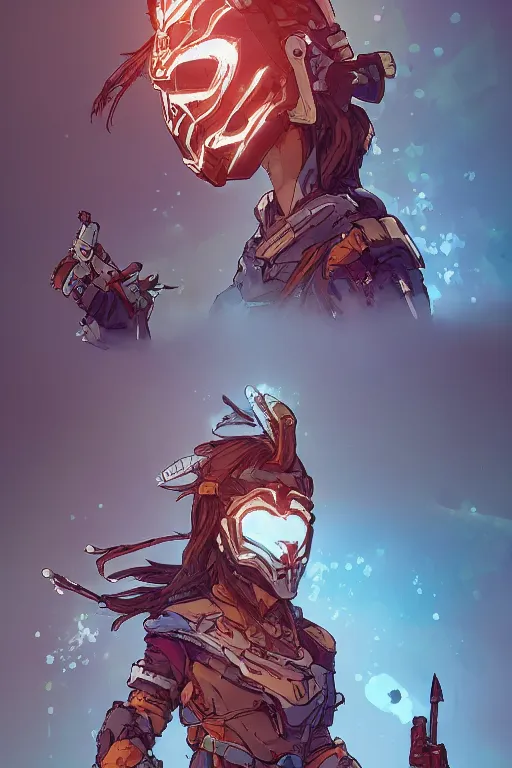 Image similar to combination suit armor aloy horizon forbidden west horizon zero dawn robot ninja mask helmet backpack tribal, art gta 5 comics, official fanart behance hd artstation by jesper ejsing, by rhads, makoto shinkai and lois van baarle, ilya kuvshinov, ossdraws radiating a glowing aura cgi rtx 2 0 2 2