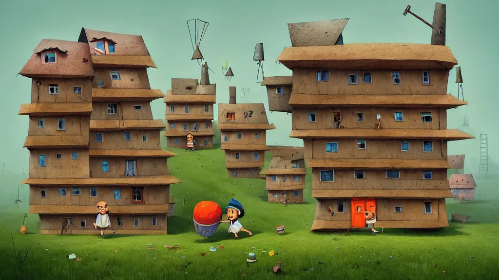 Image similar to illustration cartoon el chavo del ocho cute low - income housing complex village, funny gediminas pranckevicius by roberto gomez bolanos