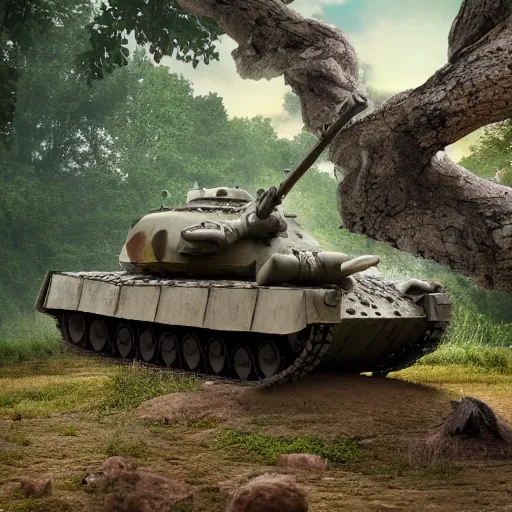 Prompt: a photo of a tank stuck in a giant tree, realistic, ultra high detail, 8 k.