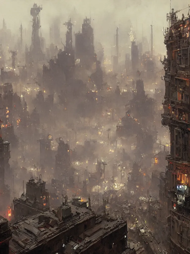 Image similar to russian revolution dieselpunk 1 9 1 0 cityscape, painting by greg rutkowski, craig mullins, levitan, rozalski