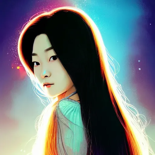 Prompt: half - electric jun ji hyun as belle with cute - fine - face, pretty face, oil slick multicolored hair, perfect face, extremely fine details, volumetric lighting, dynamic background, poster by ilya kuvshinov, mamoru hosada, katsuhiro otomo