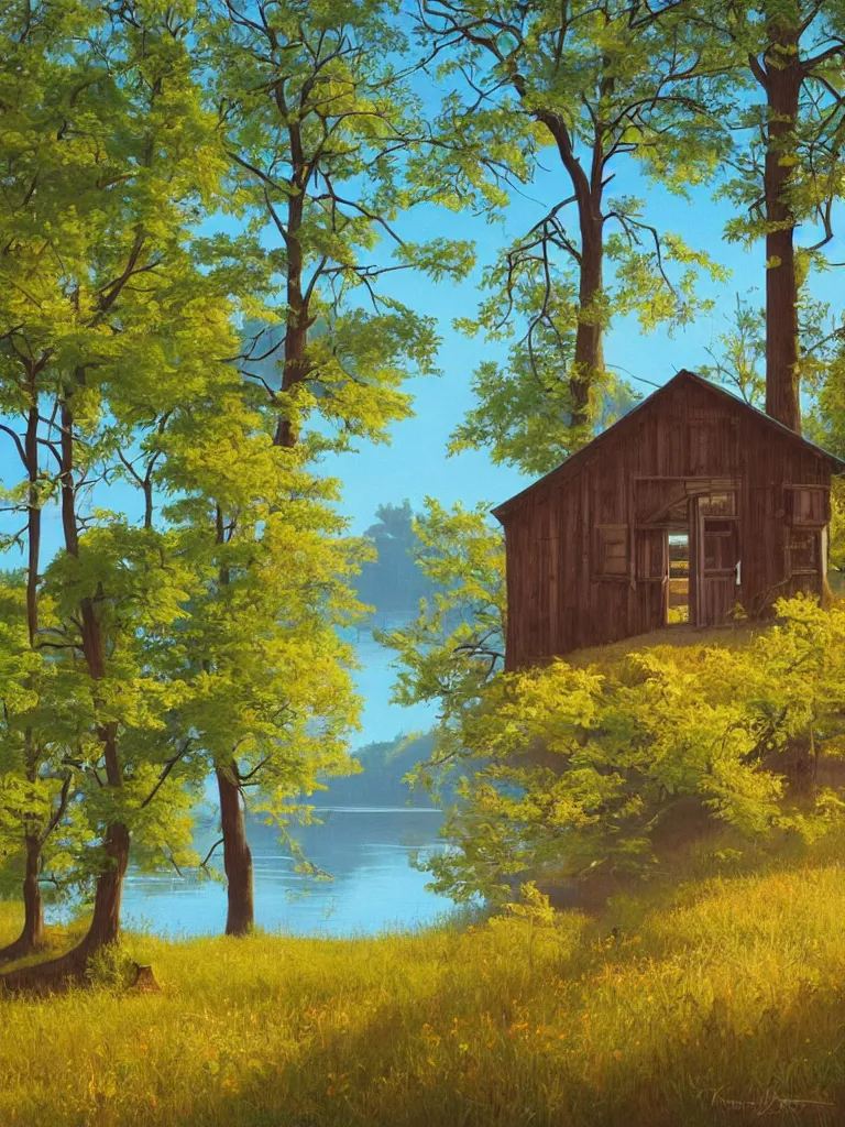 Prompt: an old wooden hikers shack in the woods next to a beautiful small lake, early morning light, spring, birds in the sky, painting by kenton nelson
