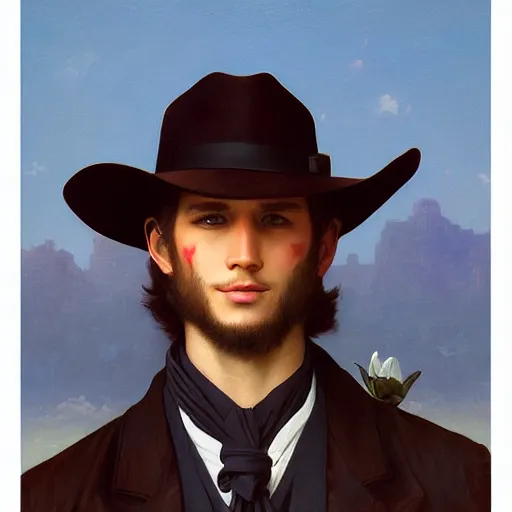 Image similar to a portrait painting of a fantasy gentleman gunslinger, art by tristan eaton and artgerm and william - adolphe bouguereau, vintage style