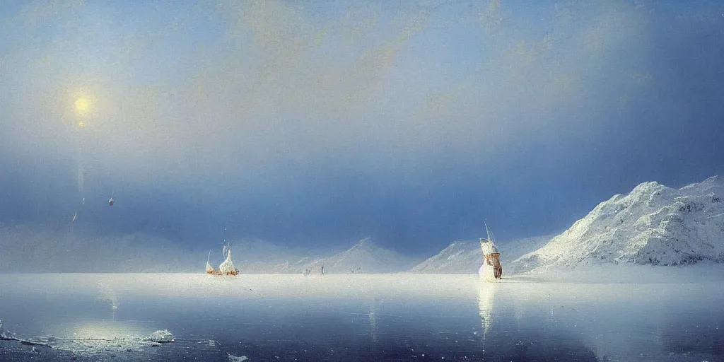 Prompt: Beautiful ice lake, snow, freezing, big zepelim in the sky, big air balloon in the sky, beautiful artwork detailed painting by Ivan Aivazovsky