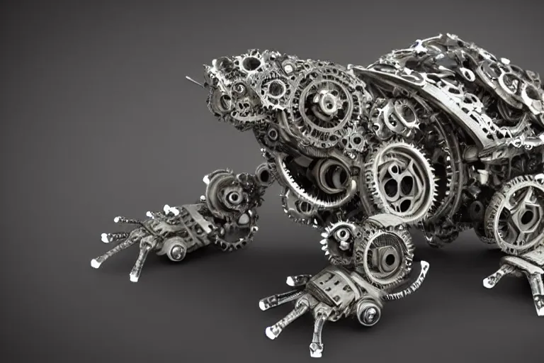 Image similar to cyberpunk frog made of cogs and gears, futuristic robot frog, professional close - up, intricate detail, 4 k hd render, ultra realistic