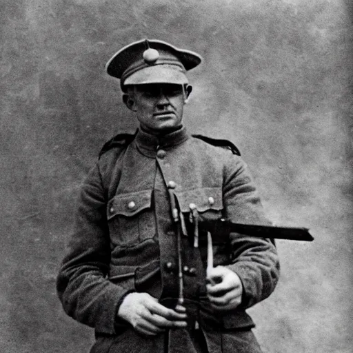 Image similar to a ww1 soldier holding a wooden toy rifle, black and white grainy photograph