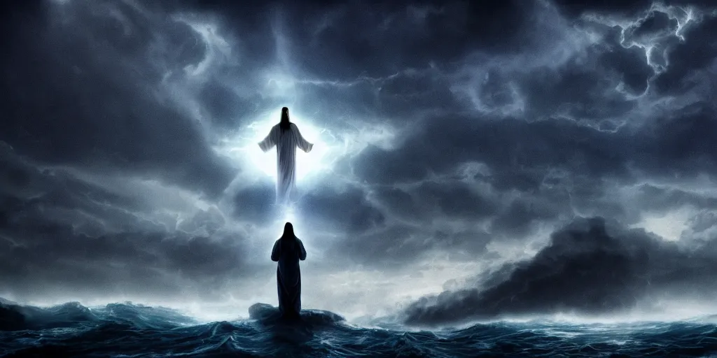 Prompt: jesus in the dark, timid, humidly horrific sky, floating atop a tumultuous ocean, dark blue atmosphere, vignette, beautiful lighting, shot by h. r. giger, trending on artstation, cgsociety contest winner, 4 k, 8 k