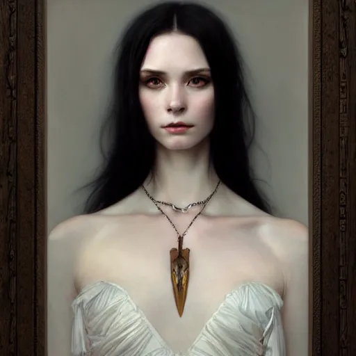 Image similar to Portrait of a beautiful, pale skin, female with long black hair, dark, piercing eyes, elegant clothing, photorealistic, highly detailed, artstation, smooth, sharp focus, art by Klimt, artgerm, Greg Rutkowski and Alphonse Mucha