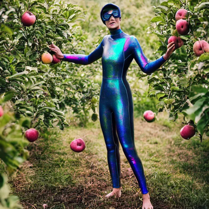 Prompt: a closeup portrait of a woman wearing a muddy iridescent holographic wetsuit, picking apples from a tree in an orchard, foggy, moody, photograph, by vincent desiderio, canon eos c 3 0 0, ƒ 1. 8, 3 5 mm, 8 k, medium - format print