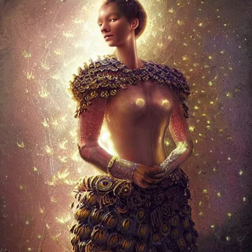Prompt: brown woman wearing an armor made of luminous jellyfishes. super detailed. layered. textured. award winning. refracted lighting. soft. fragile. by ray caesar. by louise dahl - wolfe. by andrea kowch. by tom bagshaw. surreal photography