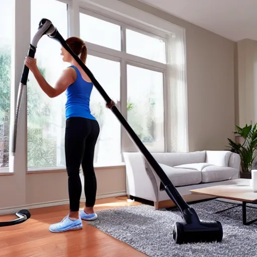 Image similar to strong buff woman vacuuming her living room, award winning photograph, HD, 4k