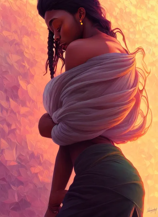 Image similar to handsome young black women with shoulder length brown hair, half body shot, path traced, highly detailed, high quality, digital painting, alena aenami, lilia alvarado, shinji aramaki, karol bak, alphonse mucha, tom bagshaw