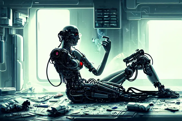 Image similar to Ultra realistic illustration, beautiful alluring damaged cyborg sitting on the floor of a destroyed spaceship, smoking a cigarette while being put back together in an super advanced military medical bay, cyberpunk, sci-fi, fantasy, sparks, small flames, smoke, intricate, elegant, highly detailed, digital painting, artstation, concept art, smooth, sharp focus, illustration, gorgeous cinematic lighting, art by artgerm and greg rutkowski and alphonse mucha