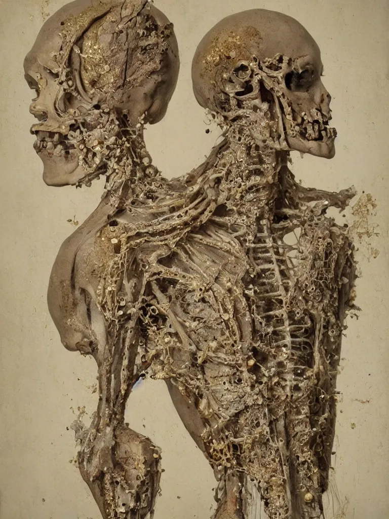 Image similar to A boney thin elegant humanoid wearing flowing robes with tiny mineral and gold incrustations, intricate, by emil melmoth, pastel, 4k HD, beautifully lit