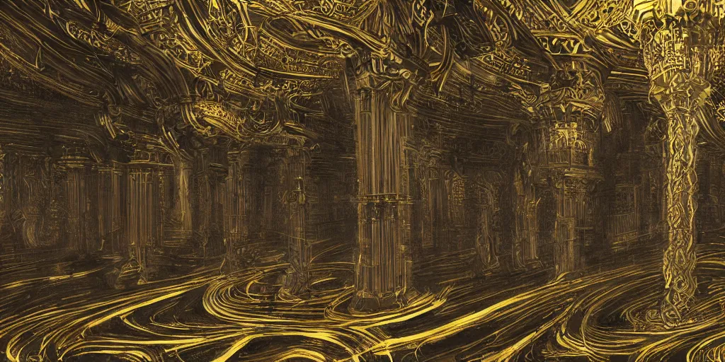Prompt: elegant demon inspired by h. p. lovecraft flying through a monumental extremely large hall with massive columns with gold leaf, style by h. r. giger, long shot, high detailed, contrast lightning, digital art
