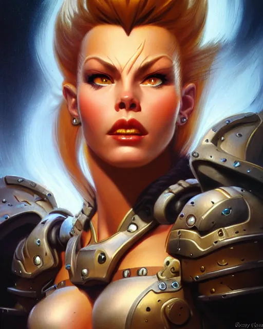 Image similar to brigitte from overwatch, fantasy, fantasy art, character portrait, portrait, close up, highly detailed, intricate detail, amazing detail, sharp focus, vintage fantasy art, vintage sci - fi art, radiant light, caustics, by boris vallejo