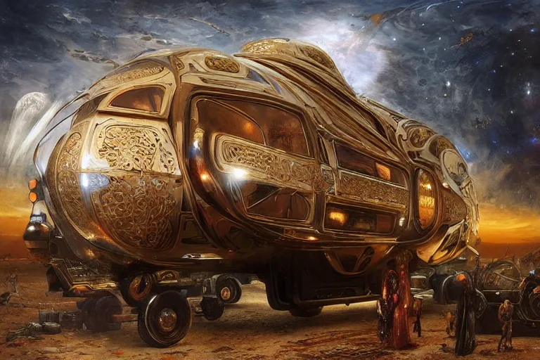 Image similar to a futuristic sci - fi neo - gypsy caravan, decorated polished wood, lace and velvet and silk material, volume light, hyper realistic highly detailed 4 k by karol bak