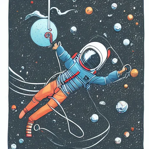 Prompt: james jean artwork of an astronaut drifting in space staring at the earth