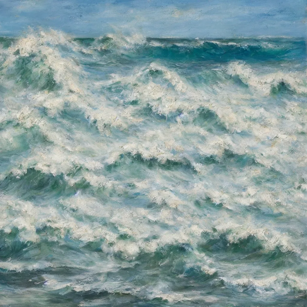 Image similar to beach scene with large waves crashing down, the water and waves and sea foam painted in very thick impasto