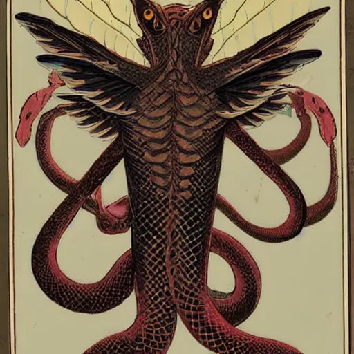 Image similar to an amalgamation of a snake, lizard, humanoid with one angelic wing and one demonic wing