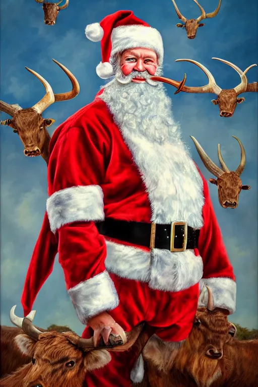 Prompt: Redneck Santa with flying Longhorns, oil on canvas, intricate, portrait, 8k highly professionally detailed, HDR, CGsociety