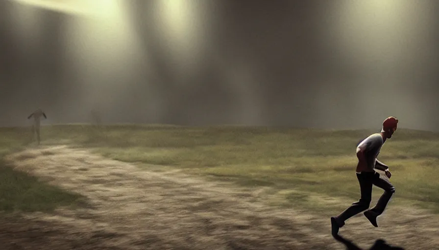 Prompt: a man dressed as a drug tablet running away from dirt, illustration, cinematic lighting, establishing shot