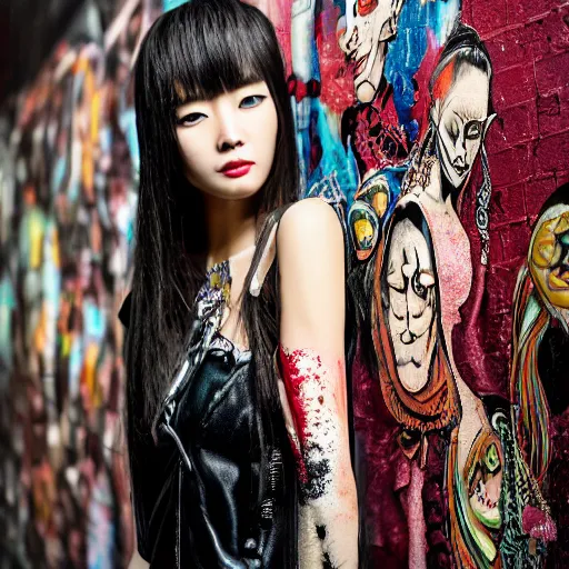 Prompt: photo realistic, high level of detail, high resolution, 3 5 mm lens : ( subject = korean top model + ( object = ( high definition highly detailed baroque cyberpunk shamaness, varnished oil paint in bright colors on black background with small background color splatters, by katsuhiro otomo ) as graffiti on the wall ) )