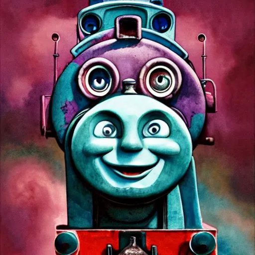 Prompt: watercolor cartoon grunge portrait of happy Thomas the tank engine. intricate abstract. intricate artwork. Joy, Happiness, by zdzisław Beksiński, wlop, dan mumford , trending on artstation, Greg rutkowski very coherent symmetrical artwork. cinematic, hyper realism, high detail, octane render, 8k