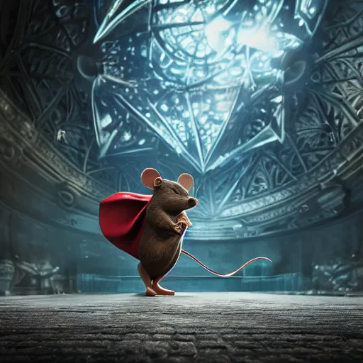 Prompt: full body pose, hyperrealistic photography of superhero mouse, dim volumetric lighting, 8 k, octane beautifully detailed render, extremely hyper detailed, intricate, epic composition, cinematic lighting, masterpiece, trending on artstation, very very detailed, masterpiece, stunning, hdr, smooth, sharp focus, high resolution, award, winning photo, dslr, 5 0 mm