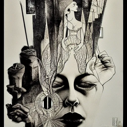 Image similar to lithography and etching polish poster conceptual figurative post - morden monumental portrait, illusion surreal art, highly conceptual figurative art, intricate detailed illustration, controversial poster art, polish poster art, geometrical drawings, no blur