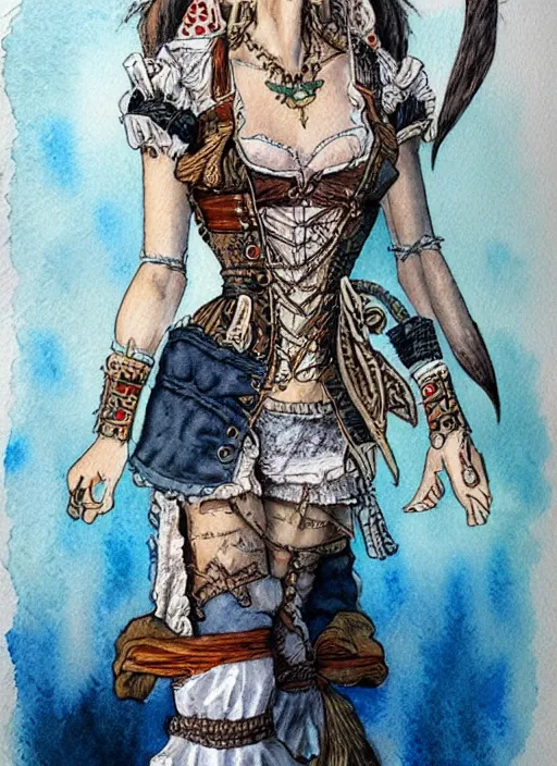 Prompt: intricately detailed watercolor of a female pirate wearing intricately designed clothes, featured on deviantart