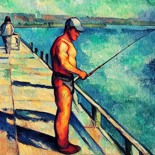 Image similar to ryan reynolds fishing from a pier in vancouver, painted by cezanne