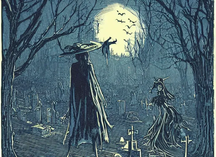 Image similar to blue woodcut print cartoon, halloween witch in graveyard at midnight by greg rutkowski, fine details, highly detailed