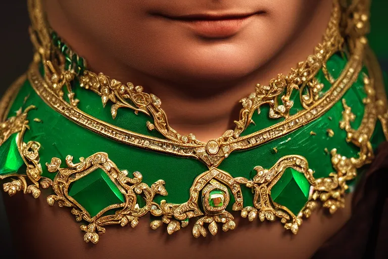 Prompt: highly detailed oil painting, front view, ornate, delicate, brilliant magical emerald choker, necklace on display, octane render, realistic, dramatic light,