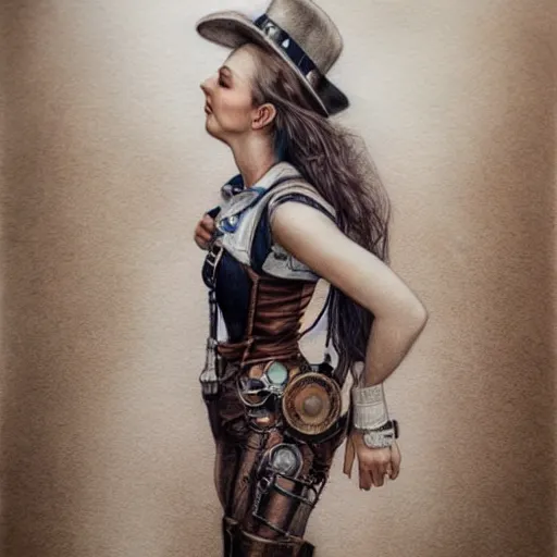 Image similar to hyper realistic full body pencil drawing of a woman steampunk standing on a road, water color, detailed, rim light, diffused, intricate, by anna dittmann,