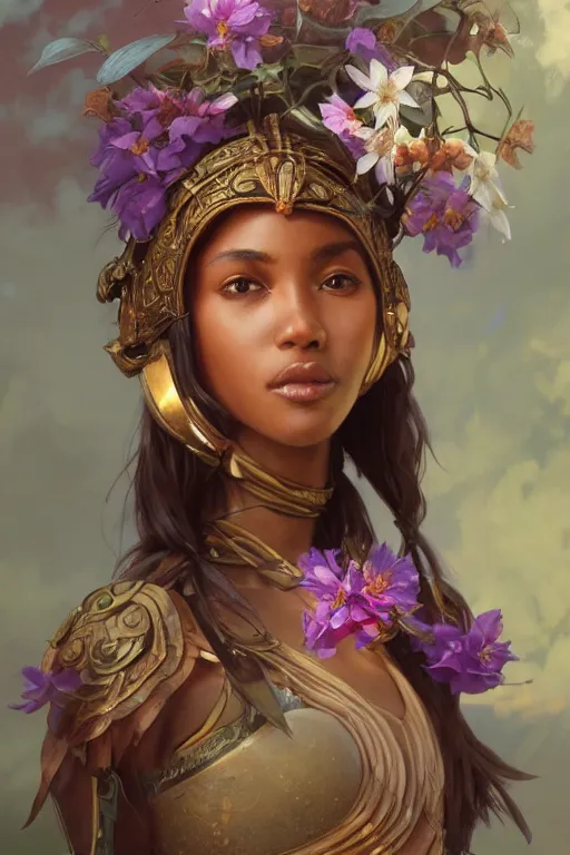 Prompt: ultra realistic illustration, a beautiful swahili girl with flowers blossoming from helmet, elegant, highly detailed, digital painting, concept art, smooth, sharp focus, illustration, art by artgerm and greg rutkowski and alphonse mucha