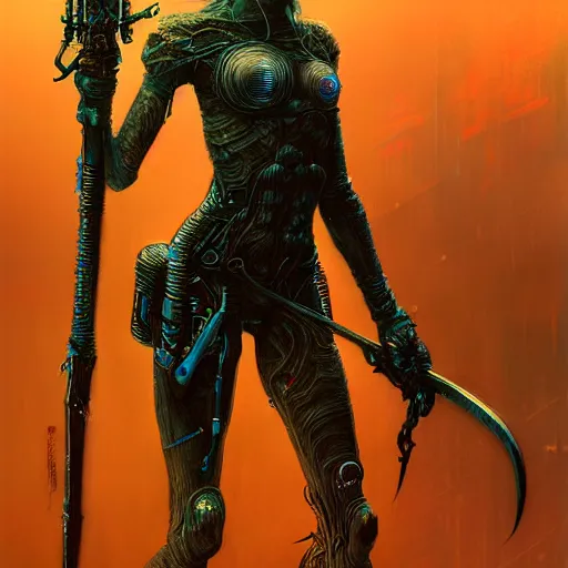 Prompt: a highly detailed long shot photo of cyberpunk female character by ayami kojima, elf, beksinski, giger, elf, wielding scythe, intricate, digital painting, artstation, concept art, smooth, sharp focus