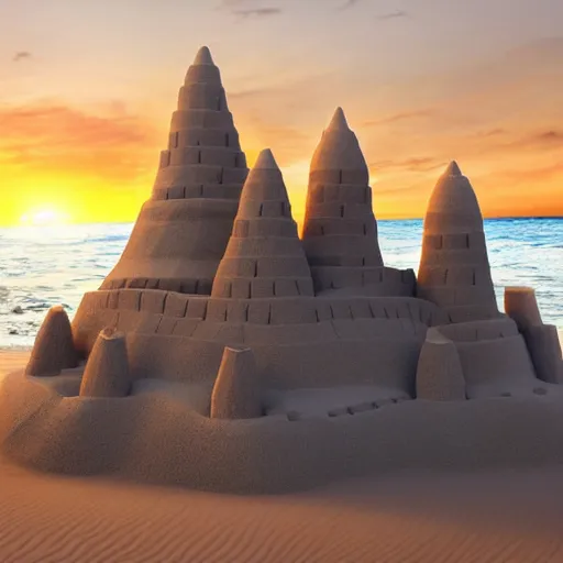 Prompt: enormous sand castle at sunset in the beach, photorealistic