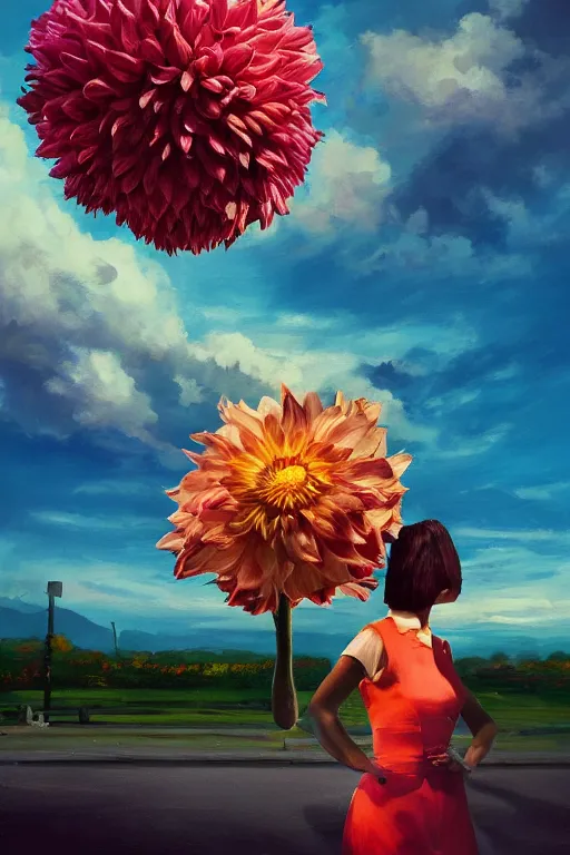 Image similar to closeup giant dahlia flower head, girl in a suit, street, surreal photography, blue sky, sunrise, dramatic light, impressionist painting, digital painting, artstation, simon stalenhag