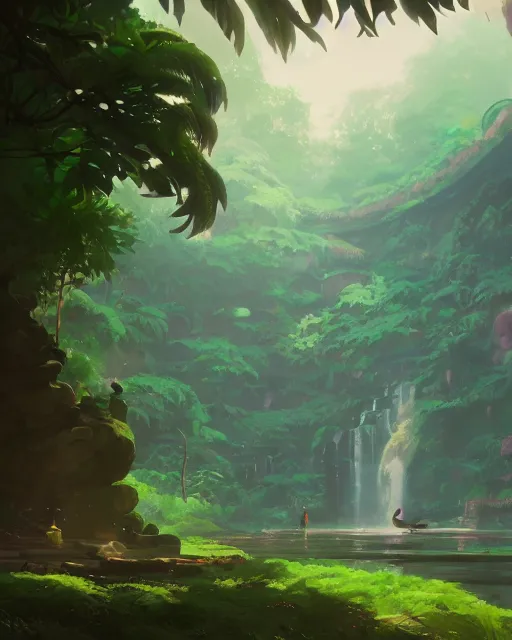 Image similar to forgotten temple, lush vegetation, waterfalls, cory loftis, james gilleard, atey ghailan, makoto shinkai, goro fujita, rim light, exquisite lighting, clear focus, very coherent, plain background, soft painting