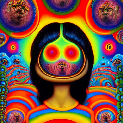 Prompt: Psychedelic LSD experience with insane trippy visuals in the style of an album cover by Mark Ryden and Alex Gross, Todd Schorr ,highly detailed, 8k UHD