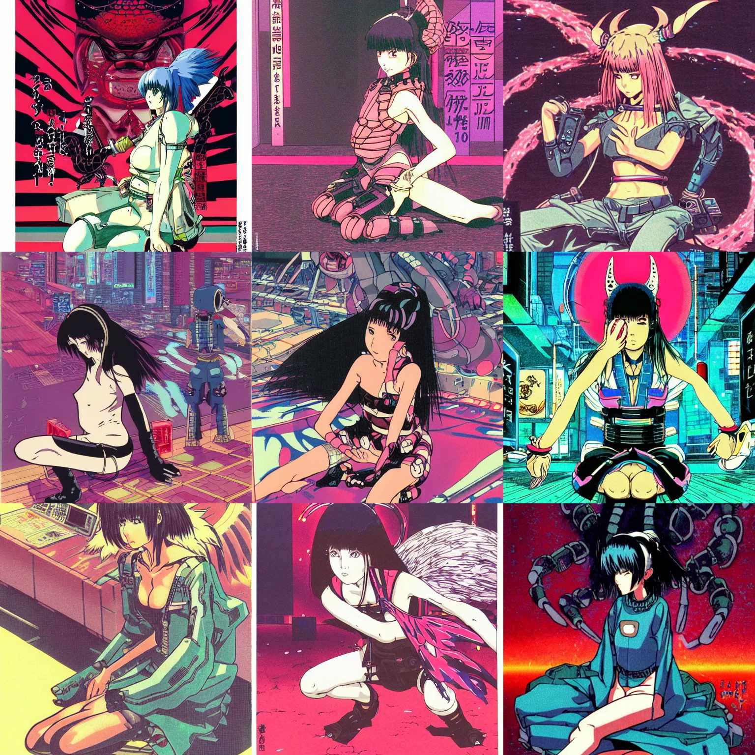 Prompt: an awe inspiring 1980s japanese cyberpunk anime style illustration of an demon girl seated on the floor by masamune shirow and katsuhiro otomo, studio ghibli color scheme, dark