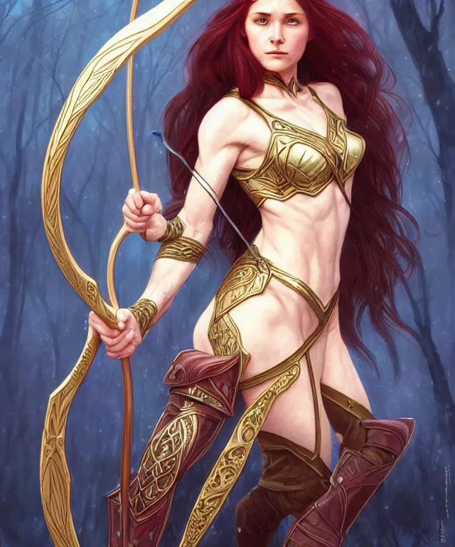 Image similar to ( ( ( aurora aksnes ) ) ) as a strong powerful angry fantasy elf with a bow and arrow, portrait, fantasy, intricate, elegant, highly detailed, digital painting, artstation, concept art, smooth, sharp focus, illustration, art by artgerm and larry elmore and alphonse mucha