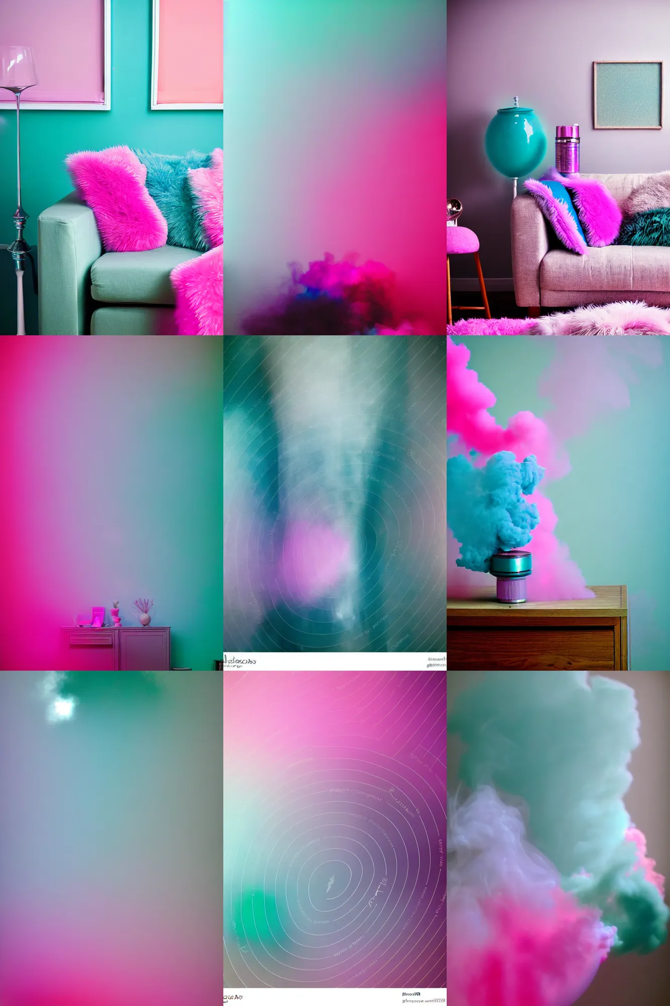 Prompt: teal and pink telephoto 7 0 mm f / 2. 8 iso 2 0 0 smoke iridescence refraction dust atmosphere volumetric photograph depicting chrysalism in a cosy cluttered living room
