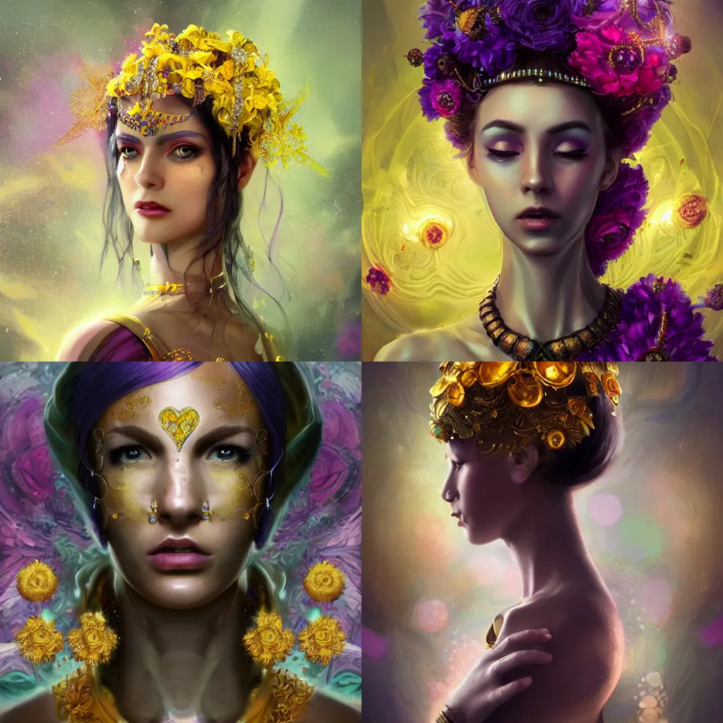 Prompt: realistic character concept, the empress with lots of jewelry and yellow and purple flowers in the face, elegant pose, scifi, illustration, slender symmetrical face and body, artstation, cinematic lighting, hyperdetailed, 8 k, high resolution, charlie bowater, frans smit, insanely detailed and intricate, elegant, dark fractal background, vfx, art deco, postprocessing